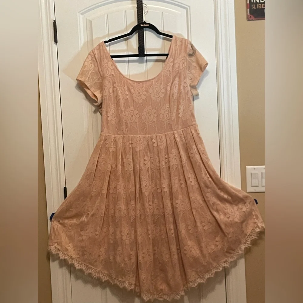 Torrid 16 Blush Lace Tea length Dress Asymmetrical Scalloped hem fully lined - Picture 5 of 15